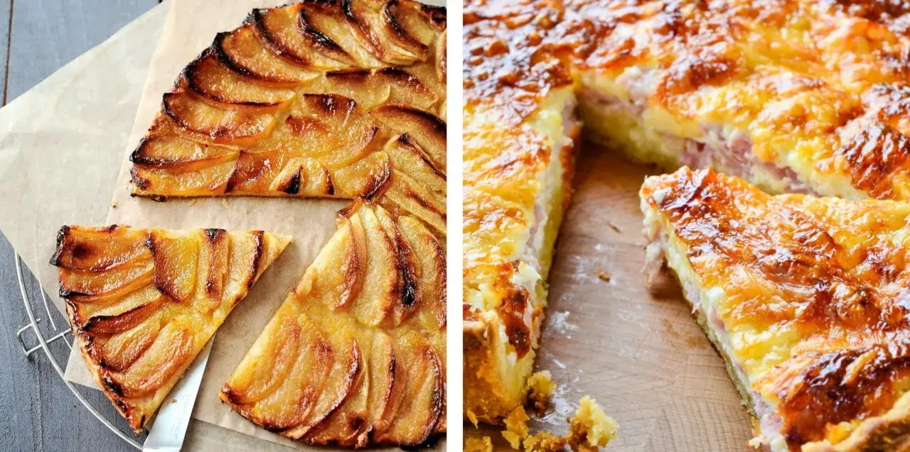 Tarte aux pommes dorée et quiche lorraine appétissante, deux délices sur une pâte à tourte parfaite.