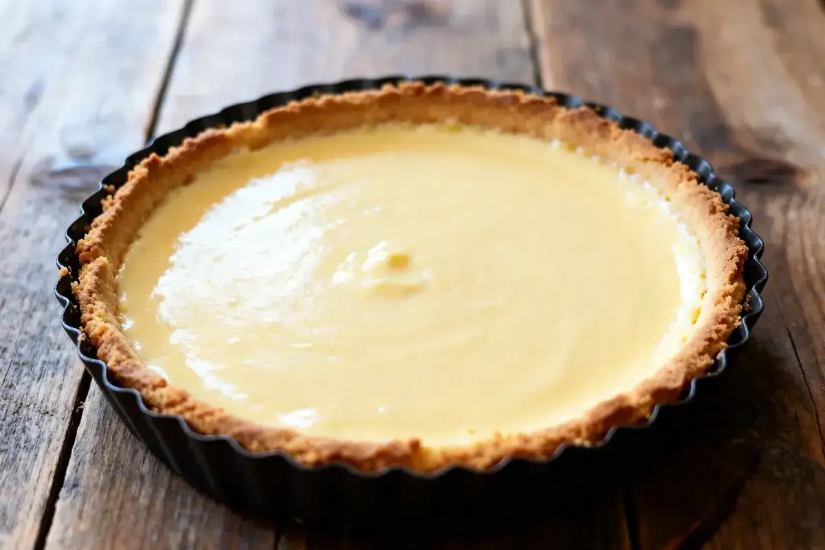 Un flan pâtissier crémeux dans son moule à tarte, prêt à être dégusté sur un fond de bois rustique.