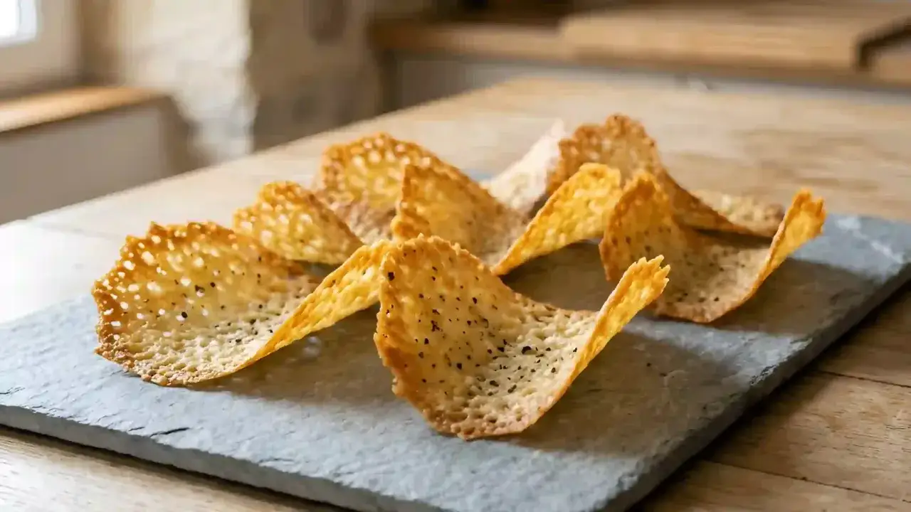 Des tuiles parmesan poêle, croustillantes et dorées, disposées sur une ardoise. Parfaites pour l'apéritif !