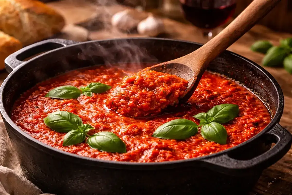 Une cuillère en bois prélève une portion généreuse de sauce tomate maison fumante, garnie de feuilles de basilic frais.