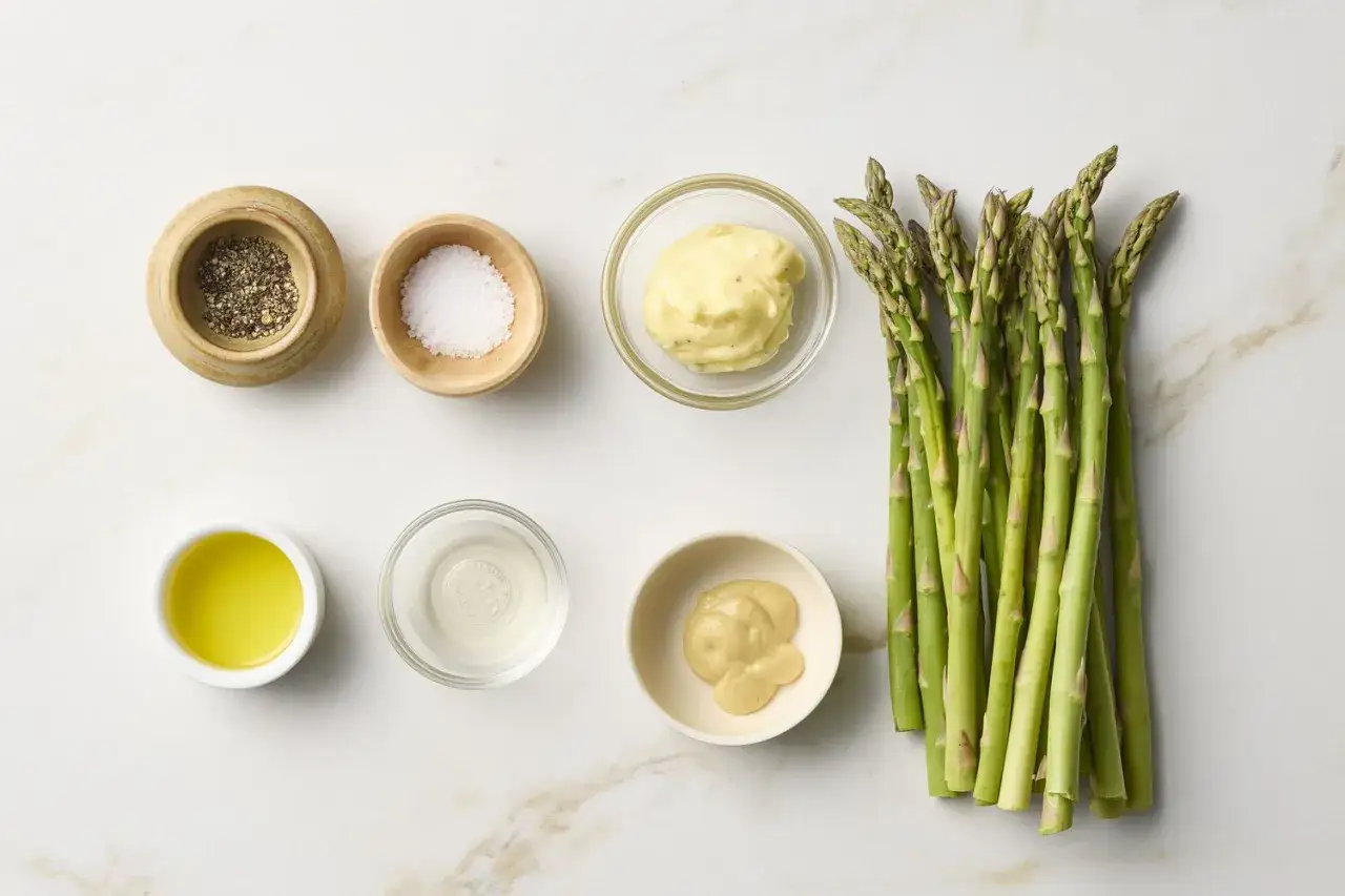 Ingr&eacute;dients pour une sauce pour asperges chaudes : asperges fra&icirc;ches, mayonnaise, moutarde, huile d'olive, vinaigre, sel et poivre.