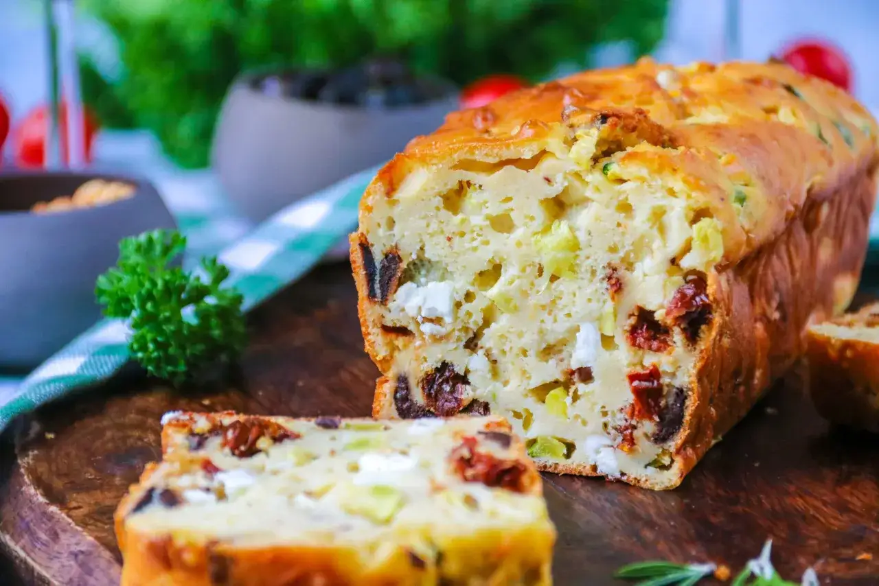 Un savoureux cake &agrave; la courgette, feta et tomates s&eacute;ch&eacute;es, une tranche coup&eacute;e r&eacute;v&egrave;le sa mie moelleuse et ses ingr&eacute;dients color&eacute;s.