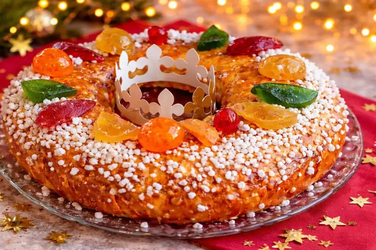 Galette des rois pâtissier, ornée de fruits confits et d'une couronne, prête à être dégustée.