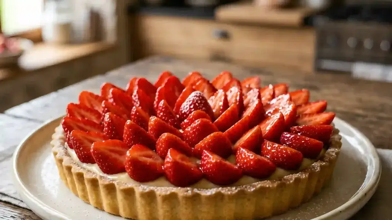 Une délicieuse tarte aux fraises sans crème pâtissière, garnie de fruits rouges frais et d'une touche de sucre glace.