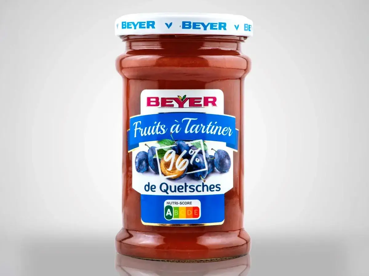 Bocal de confitures de quetsches Beyer, 96% de fruits, id&eacute;al pour tartiner.