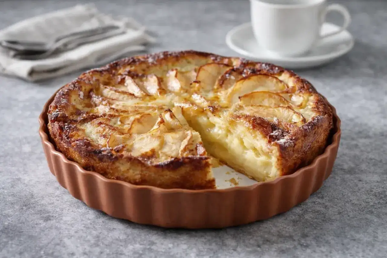 Un délicieux flan aux pommes, doré et moelleux, prêt à être dégusté. Une part a été retirée, révélant sa texture crémeuse.