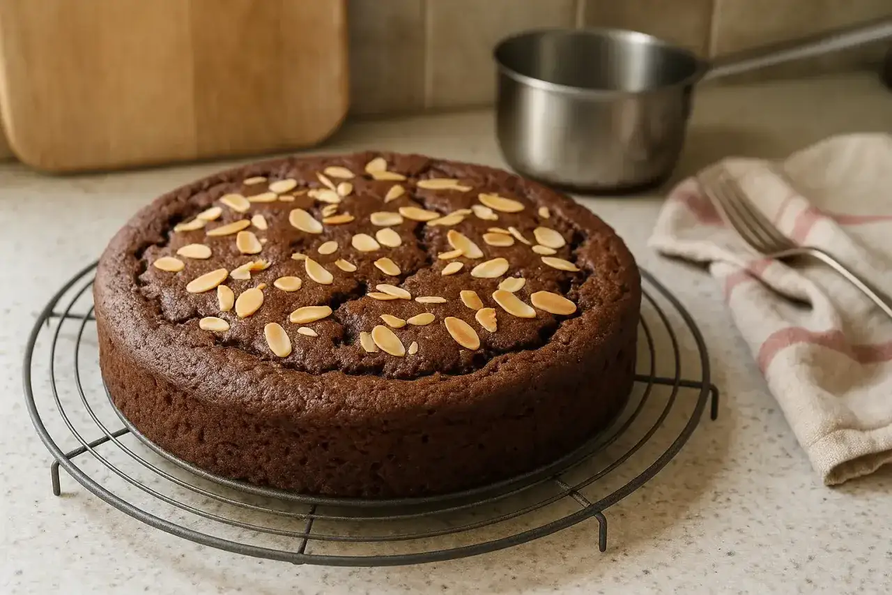 Gâteau au chocolat et poudre d'amande facile et rapide, garni d'amandes effilées, refroidissant sur une grille.