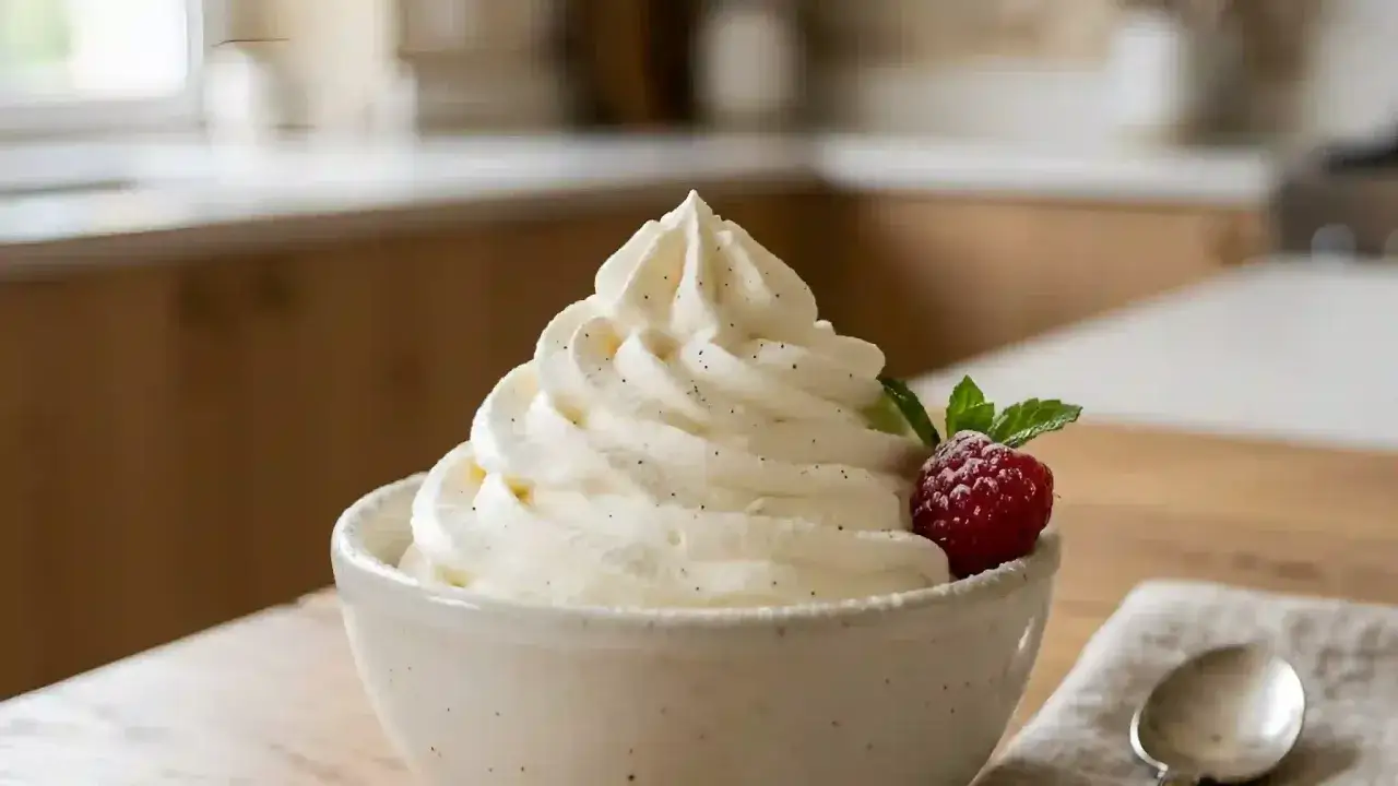 Un bol de crème chantilly aérienne, parsemée de vanille, orné d'une framboise et d'une feuille de menthe. Un délice !