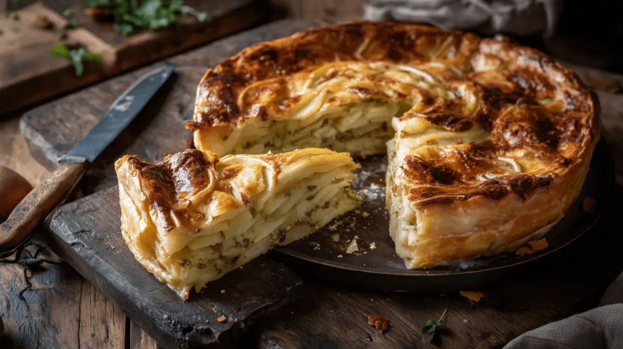 Une tourte aux pommes de terre dor&eacute;e, feuillet&eacute;e et savoureuse, coup&eacute;e pour r&eacute;v&eacute;ler ses couches fines. Un d&eacute;lice rustique.