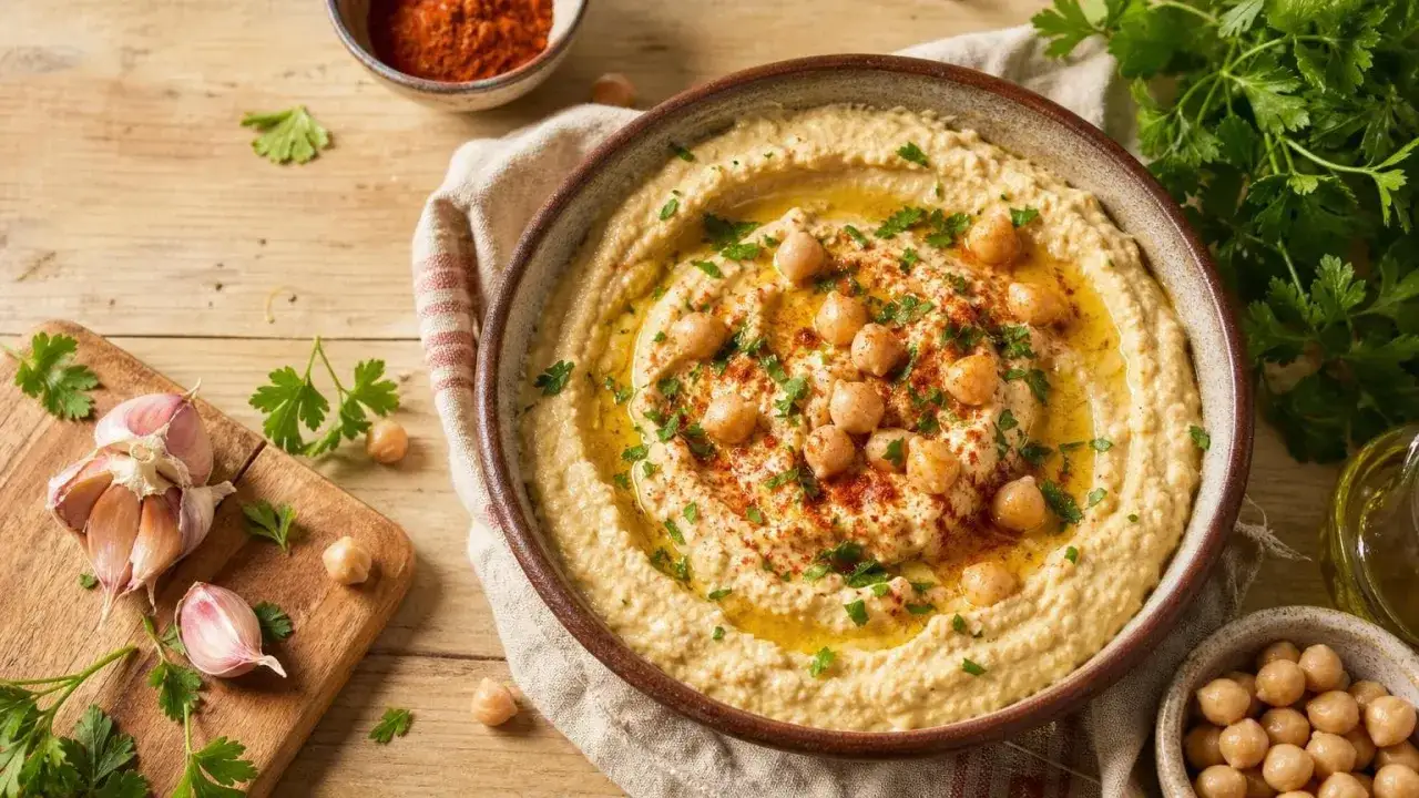 Un bol de houmous crémeux, garni de pois chiches, d'huile d'olive et de persil. Une recette houmous facile à réaliser avec de l'ail et du paprika.