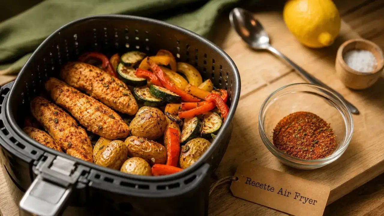 Poulet et légumes rôtis dans un air fryer, prêts à être dégustés. Une recette simple et savoureuse.