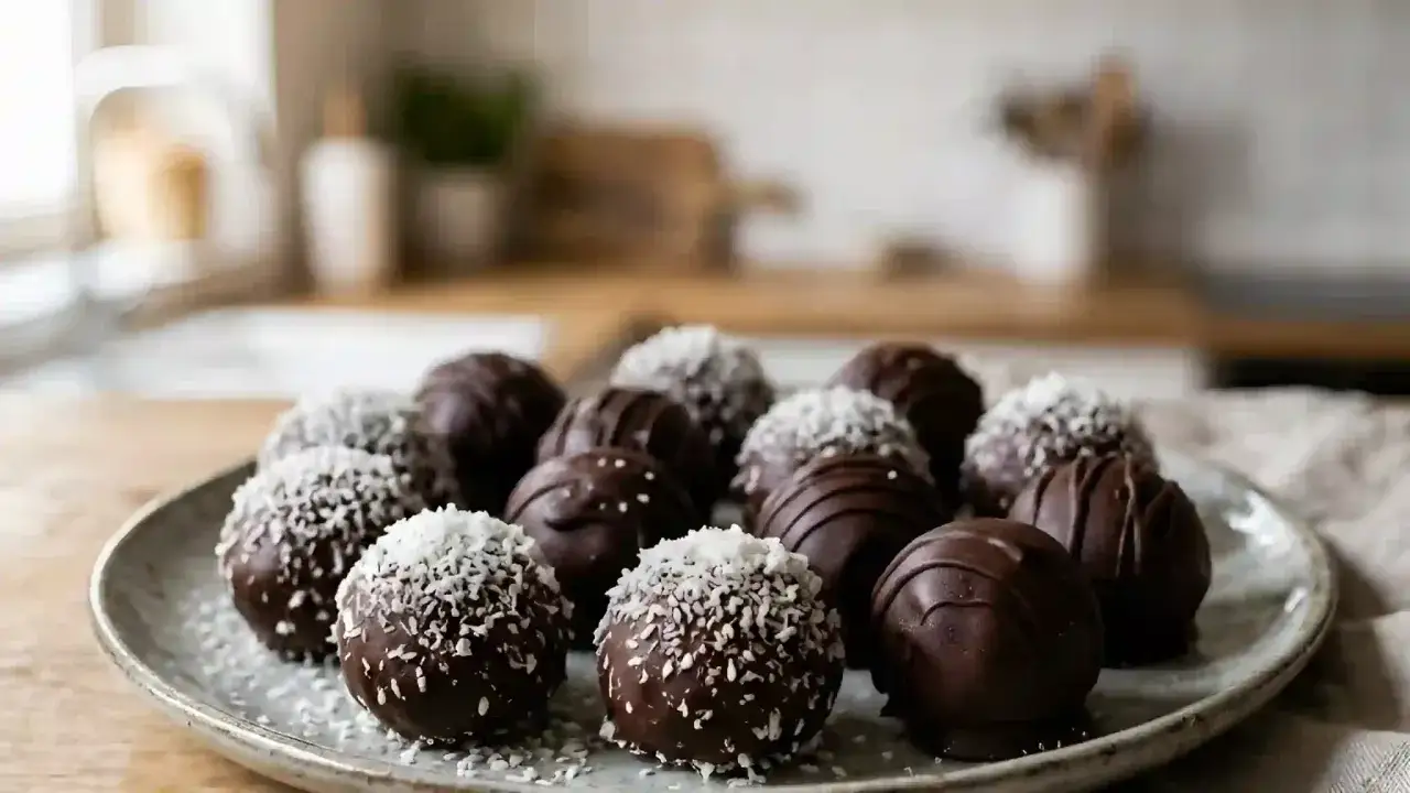 Assiette de boules coco chocolat, parfaites pour une recette facile de boule coco lait concentré. Délicieuses et gourmandes.