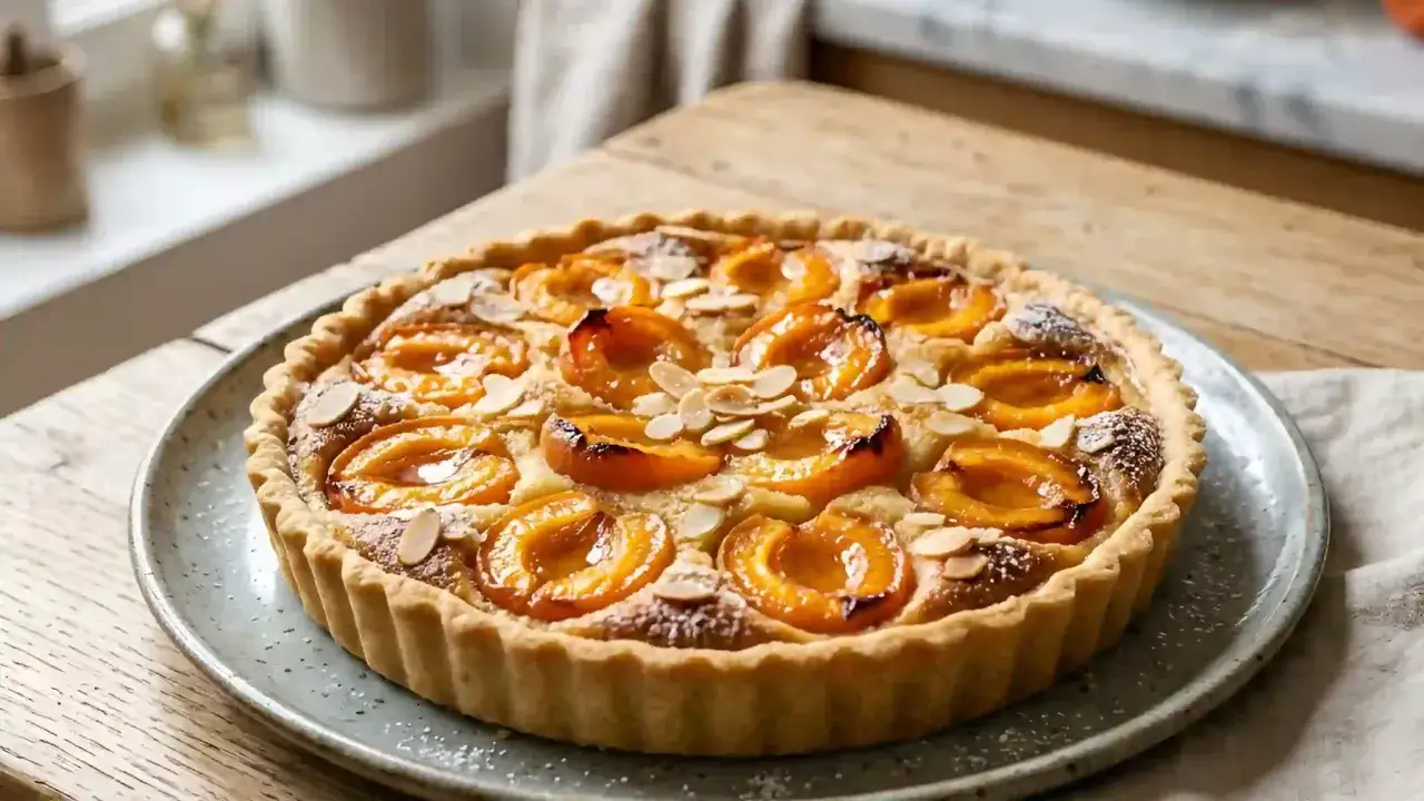 Une délicieuse tarte aux abricots classique, garnie d'amandes effilées et saupoudrée de sucre glace. Parfaite pour un goûter gourmand.
