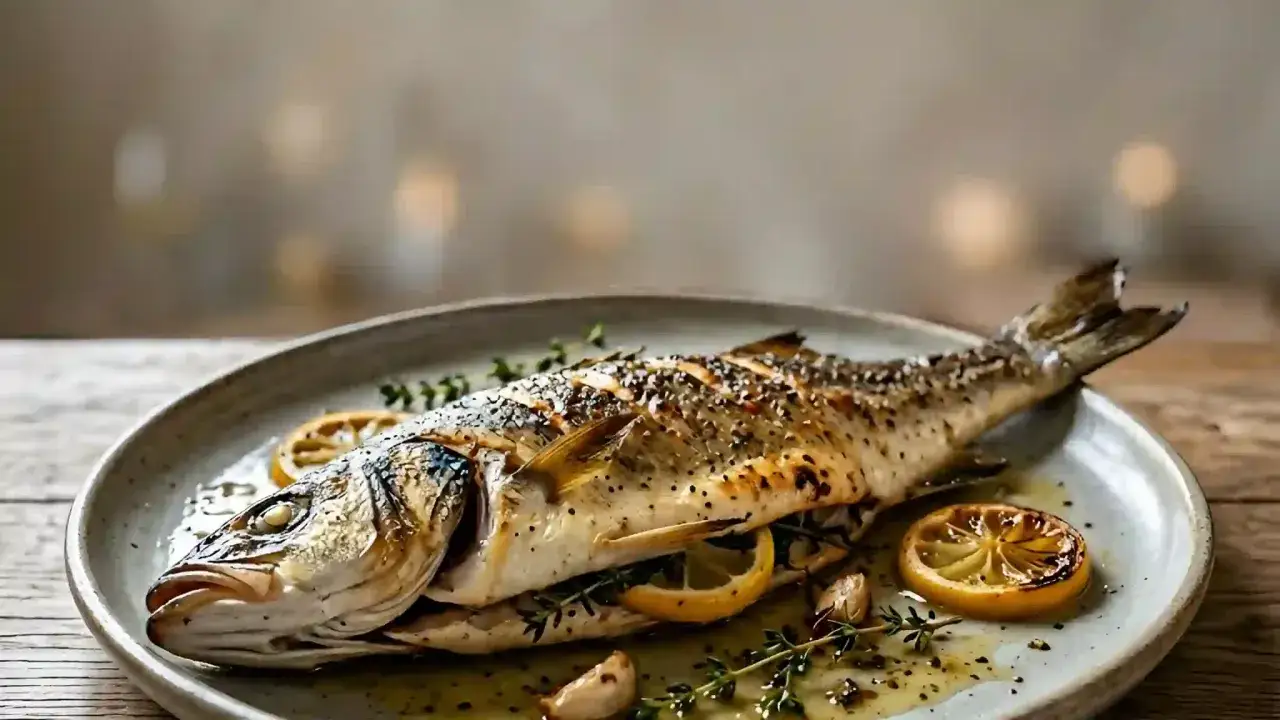 Une truite au four, dorée et assaisonnée, garnie de rondelles de citron, d'ail et de thym sur une assiette grise.