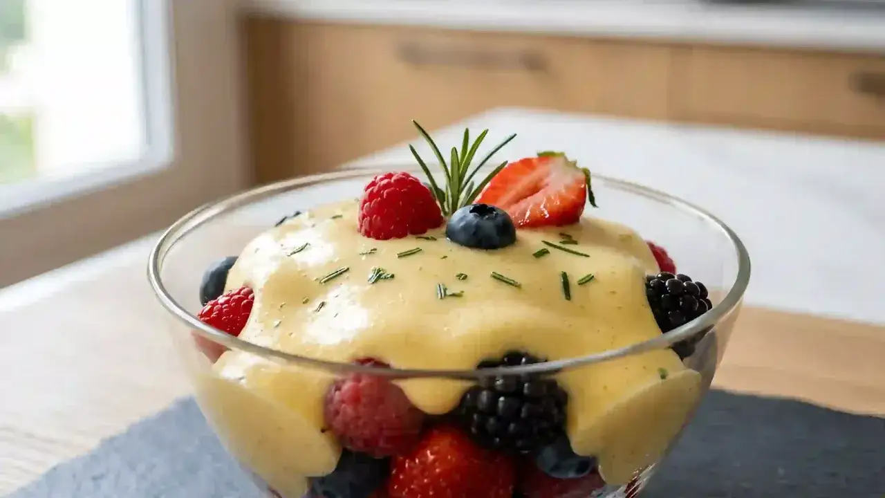 Un délicieux dessert aux fruits rouges nappé d'une crème onctueuse, parfait pour une recette du sabayon.
