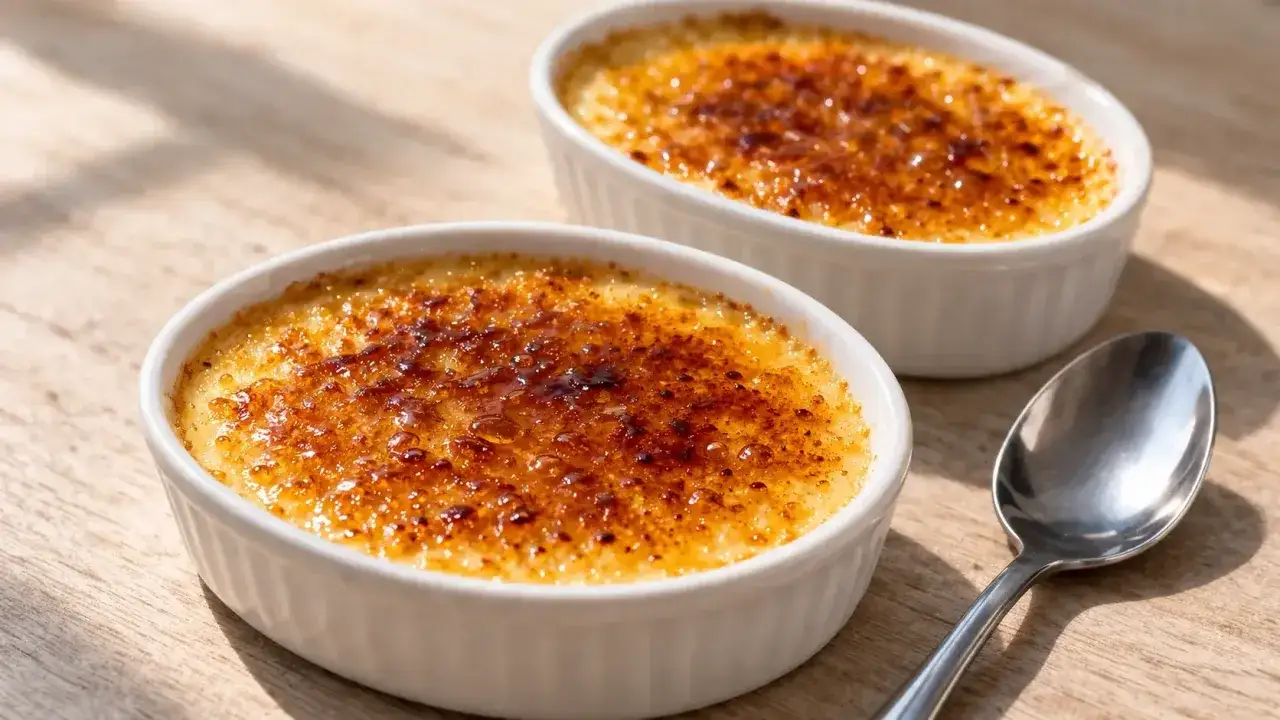 Deux délicieux crèmes brûlées dans des ramequins blancs, leur croûte caramélisée dorée et craquante sous la lumière. Une cuillère repose à côté.