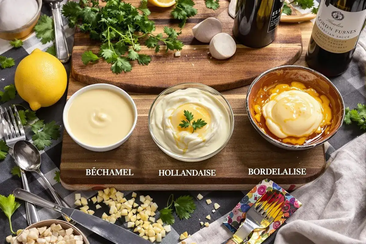 Trois sauces classiques : béchamel, hollandaise et bordelaise, parmi les 10 sauces les plus utilisées. Citron, ail et herbes en garniture.