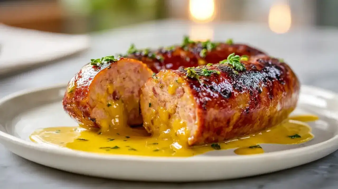 Andouillette dor&eacute;e et juteuse, coup&eacute;e en deux, baignant dans une sauce onctueuse. Un d&eacute;lice pr&eacute;par&eacute; &agrave; l'air fryer.