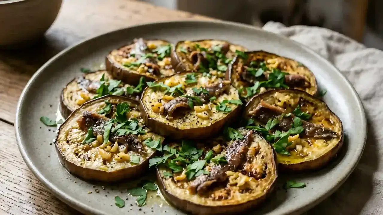 Tranches d'aubergine au four, garnies d'anchois, de persil frais et d'une touche d'ail. Un délice simple et savoureux.