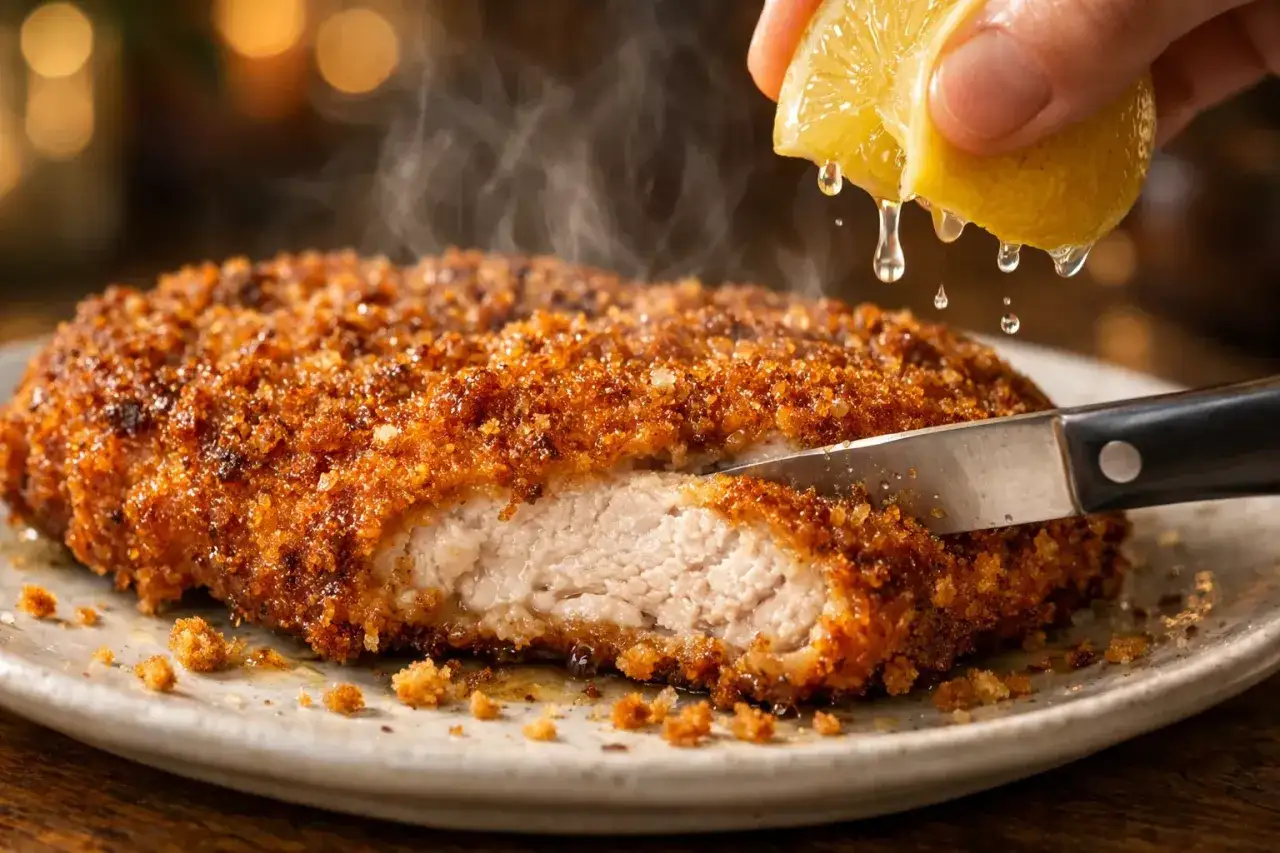 Escalope milanaise dorée à la poêle, arrosée de jus de citron frais. Le temps de cuisson parfait pour une viande tendre et une panure croustillante.