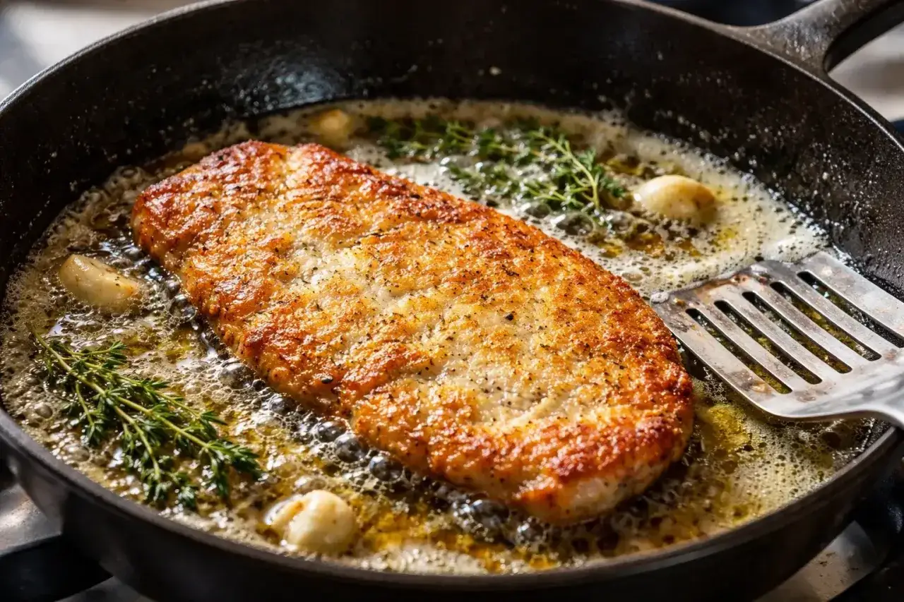 Escalope de veau doré, en pleine cuisson dans une poêle en fonte avec du beurre, de l'ail et du thym.