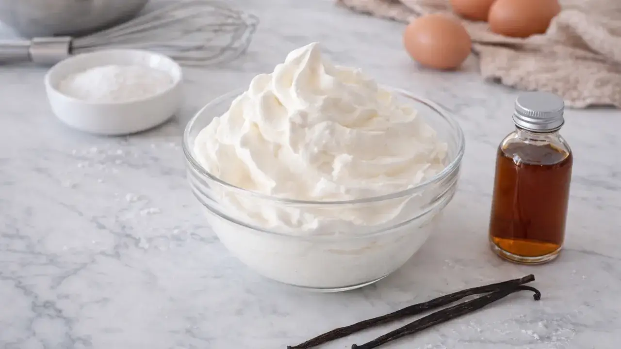 Un bol de cr&egrave;me mont&eacute;e vanille, pr&ecirc;t &agrave; &ecirc;tre d&eacute;gust&eacute;. Des gousses de vanille et un flacon d'extrait compl&egrave;tent la sc&egrave;ne.