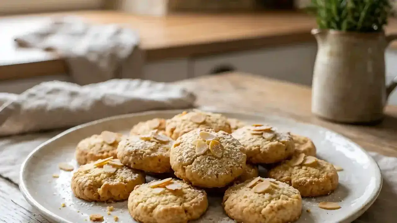 Une assiette de meilleurs biscuits aux amandes, saupoudrés de sucre glace et garnis d'éclats d'amandes. Parfaits pour accompagner un café.