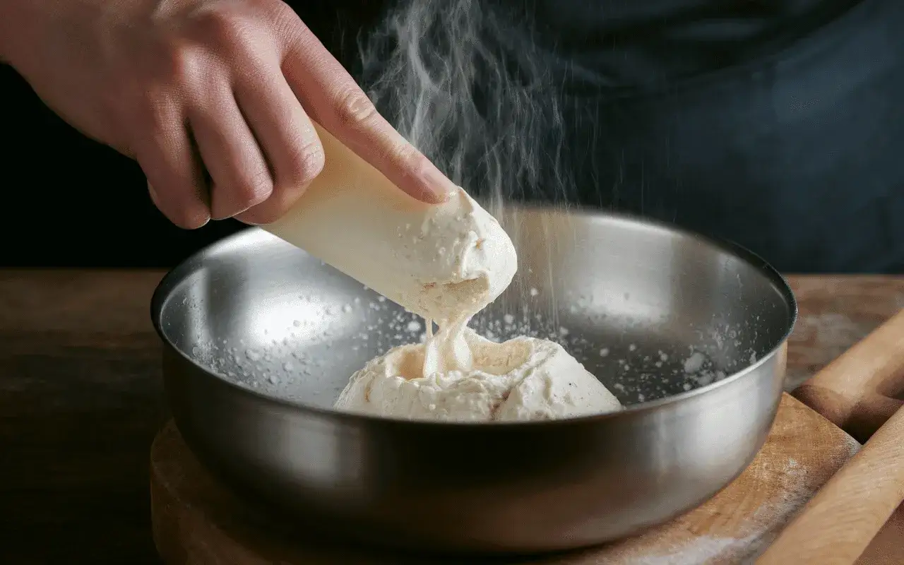 Main d'un pâtissier incorporer blanc en neige dans une préparation crémeuse dans un bol en métal.