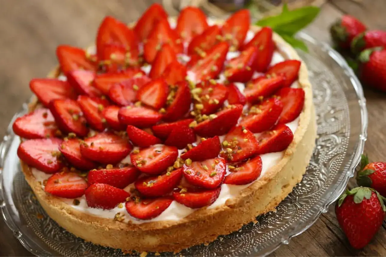Une magnifique tarte aux fraises, garnie de fruits rouges frais et de pistaches concassées, sur une assiette en verre.