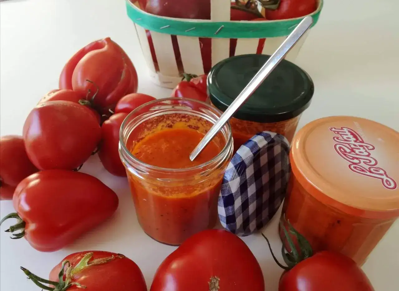 Des tomates fraîches entourent un pot de tomate concassée, prêt à être dégusté.