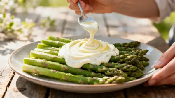 Des asperges vertes fraîches sont nappées d'une onctueuse sauce crémeuse. Un délice printanier !