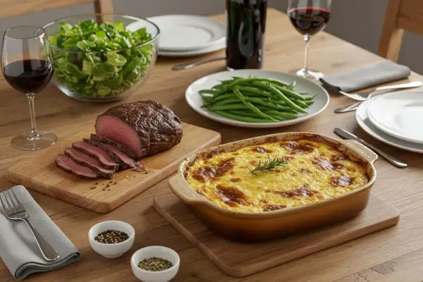 Un rôti de bœuf tranché, une salade verte, des haricots verts et un gratin crémeux, un accompagnement viande rouge parfait pour un repas convivial.