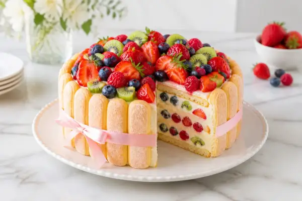 Charlotte aux fruits facile, un gâteau léger et coloré garni de fraises, framboises, myrtilles et kiwis.