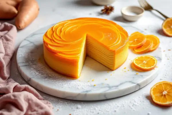 Gâteau mille-crêpes à la patate douce, orné de spirales orangées, servi avec des tranches d'orange sur une planche de marbre.