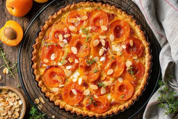 Une délicieuse tarte aux abricots classique, garnie d'amandes effilées et de thym frais, prête à être dégustée.