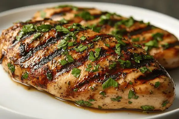Deux filets de poulet grillés, parsemés de persil frais. La marinade poulet a donné une belle couleur dorée et des marques de grillades appétissantes.