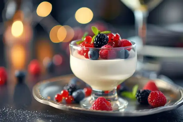 Délicieuse panna cotta framboise, garnie de fruits rouges frais et servie sur un plateau argenté, avec des lumières douces en arrière-plan.