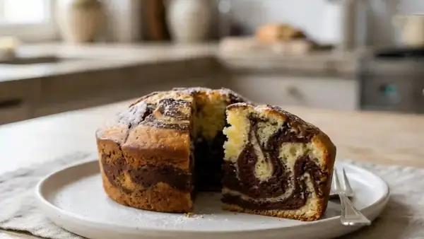Un délicieux gâteau marbré, saupoudré de sucre glace, est présenté sur une assiette blanche. Une part est coupée, révélant ses motifs tourbillonnants de chocolat et de vanille.