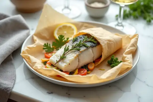 Un délicieux cabillaud en papillote, garni de romarin, servi sur un lit de légumes colorés et d'une tranche de citron.