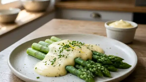 Asperges vertes nappées d'une onctueuse sauce mousseline, parsemées de ciboulette et de poivre.