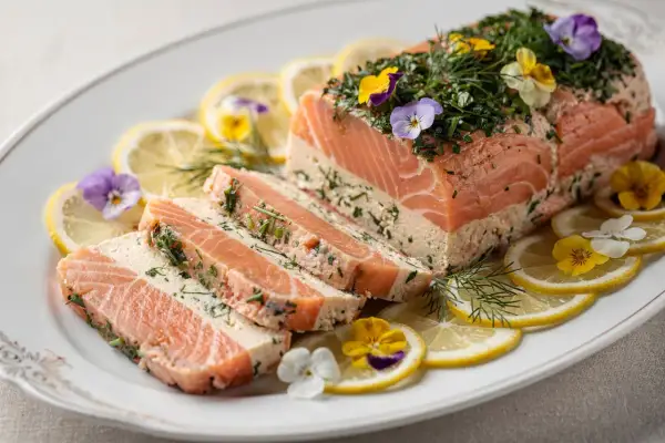 Une magnifique terrine de saumon, œuvre d'un chef étoilé, garnie d'herbes fraîches et de fleurs comestibles, servie avec des rondelles de citron.