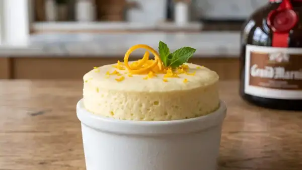 Soufflé Grand Marnier aérien, décoré d'une spirale d'orange et de menthe, prêt à être dégusté. La bouteille de Grand Marnier est en arrière-plan.