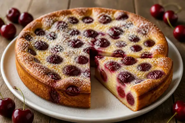 Un délicieux clafoutis aux cerises, saupoudré de sucre glace, avec une part coupée pour révéler les fruits juteux. Parfait pour une recette de clafoutis aux cerises.