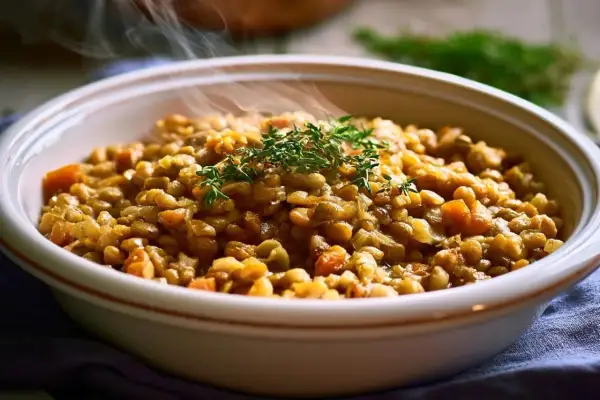 Un plat fumant de cuisson lentilles blondes, garni de thym frais. Les lentilles sont tendres et mélangées à des morceaux de légumes.