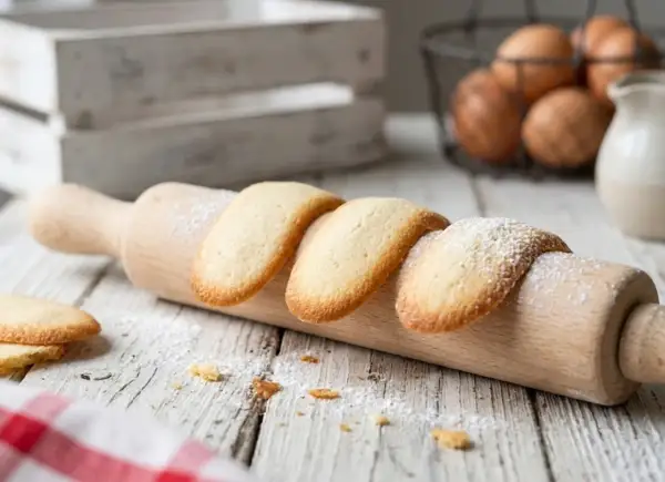 Des biscuits langue de chat dorés, saupoudrés de sucre glace, reposent sur un rouleau à pâtisserie en bois.