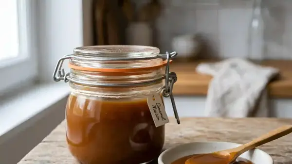 Un bocal de caramel liquide maison, avec une étiquette manuscrite, est prêt à être dégusté. Une cuillère en bois trempe dans un petit bol de ce délice doré.