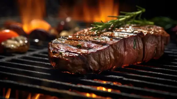 Un faux filet savoureux sur le gril, avec des herbes aromatiques et des flammes dans l'arrière-plan. La cuisson du faux filet est à son apogée.