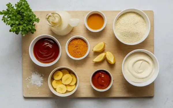 Ingrédients pour comment faire une sauce : ketchup, curcuma, citron, banane, sel, huile, et une sauce crémeuse.