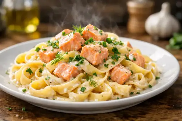 Une assiette de tagliatelles au saumon crémeuses, garnie d'aneth et de persil frais. La vapeur s'échappe de ce plat appétissant.