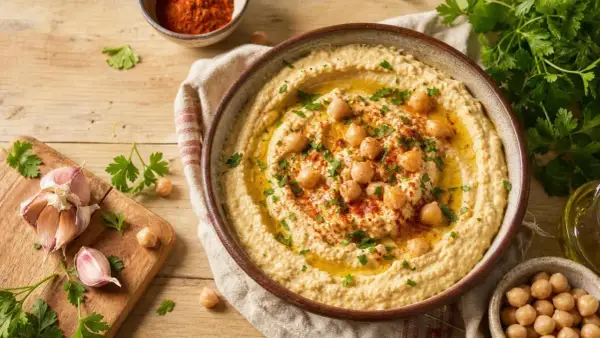 Un bol de houmous crémeux, garni de pois chiches, d'huile d'olive et de persil. Une recette houmous facile à réaliser, avec de l'ail et du paprika à proximité.